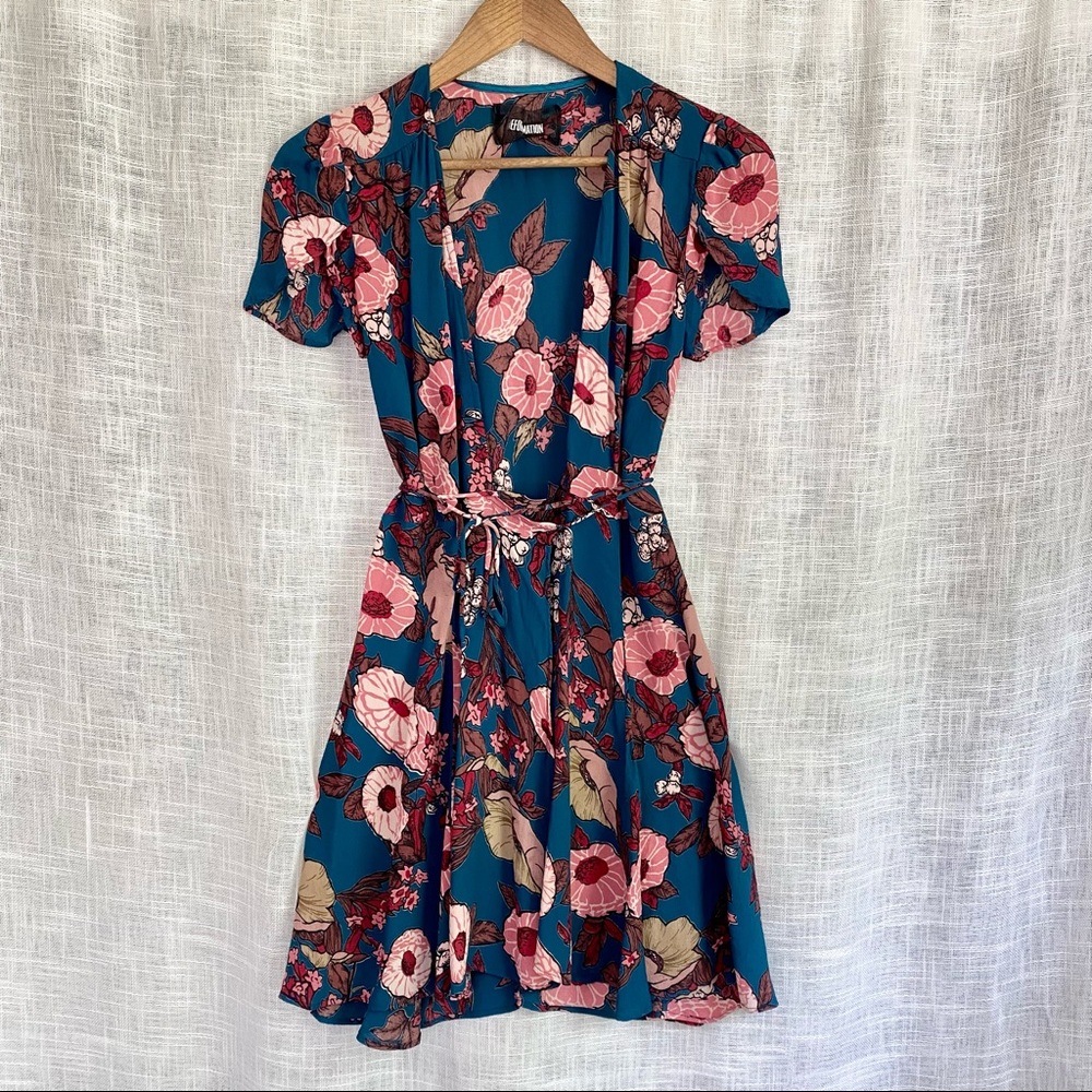 Reformation Teal Floral Mini Dress with Pink Blooms